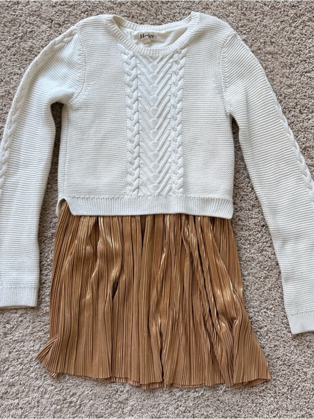 Hatley Cream Knit Top with Gold Pleated Skirt Girls Dress